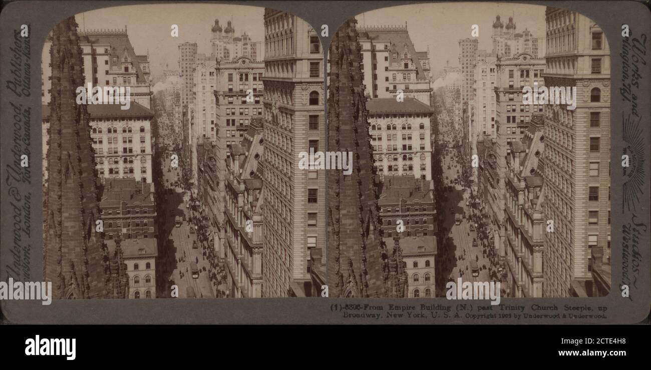From Empire Building (n.) past Trinity Church steeple, up Broadway, New York, U. S. A.., 1896, New York (State), New York (N.Y.), Broadway (New York, N.Y Stock Photo