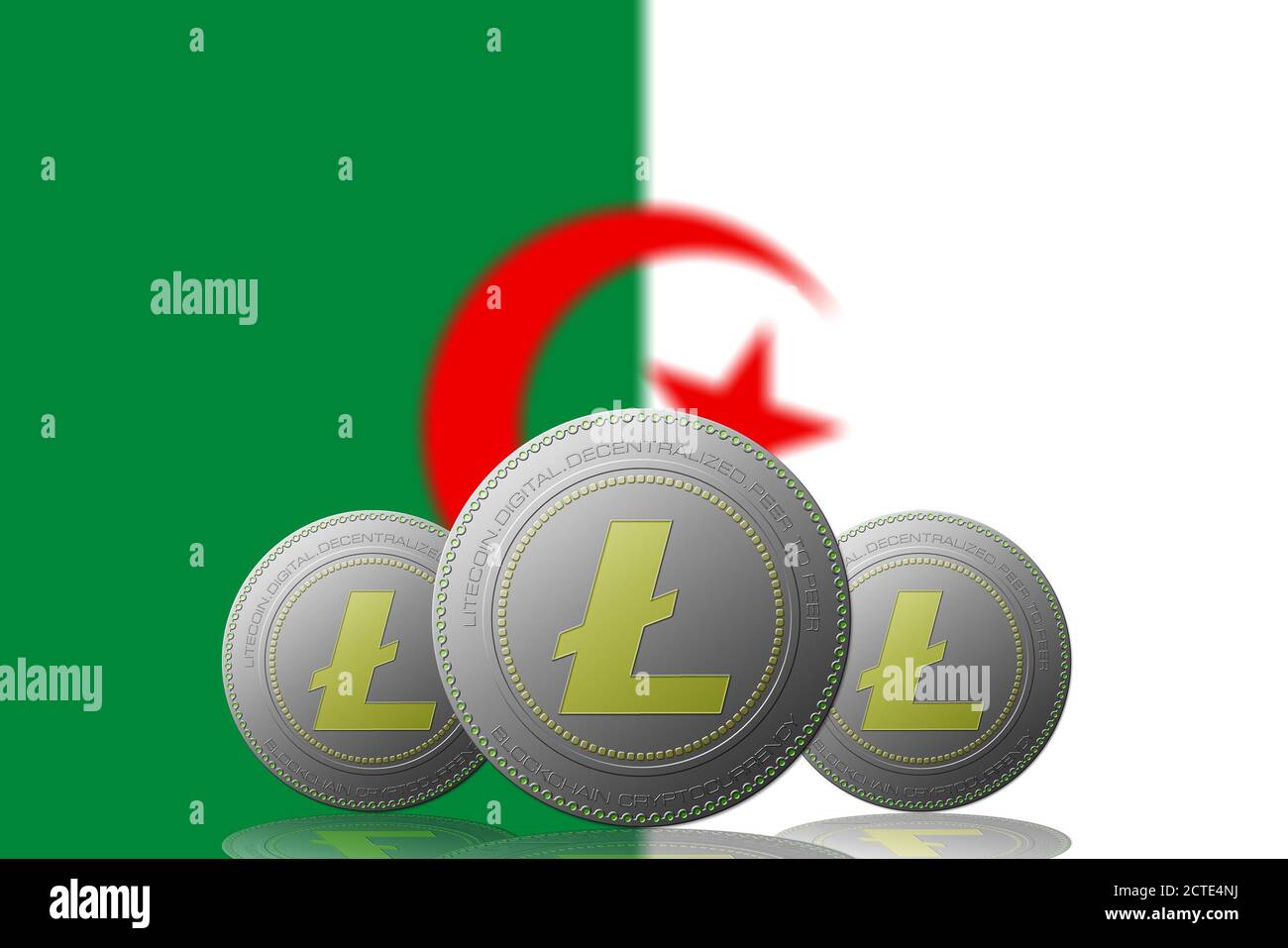3D ILLUSTRATION Three LITECOIN cryptocurrency with ALGERIA flag on background. Stock Photo