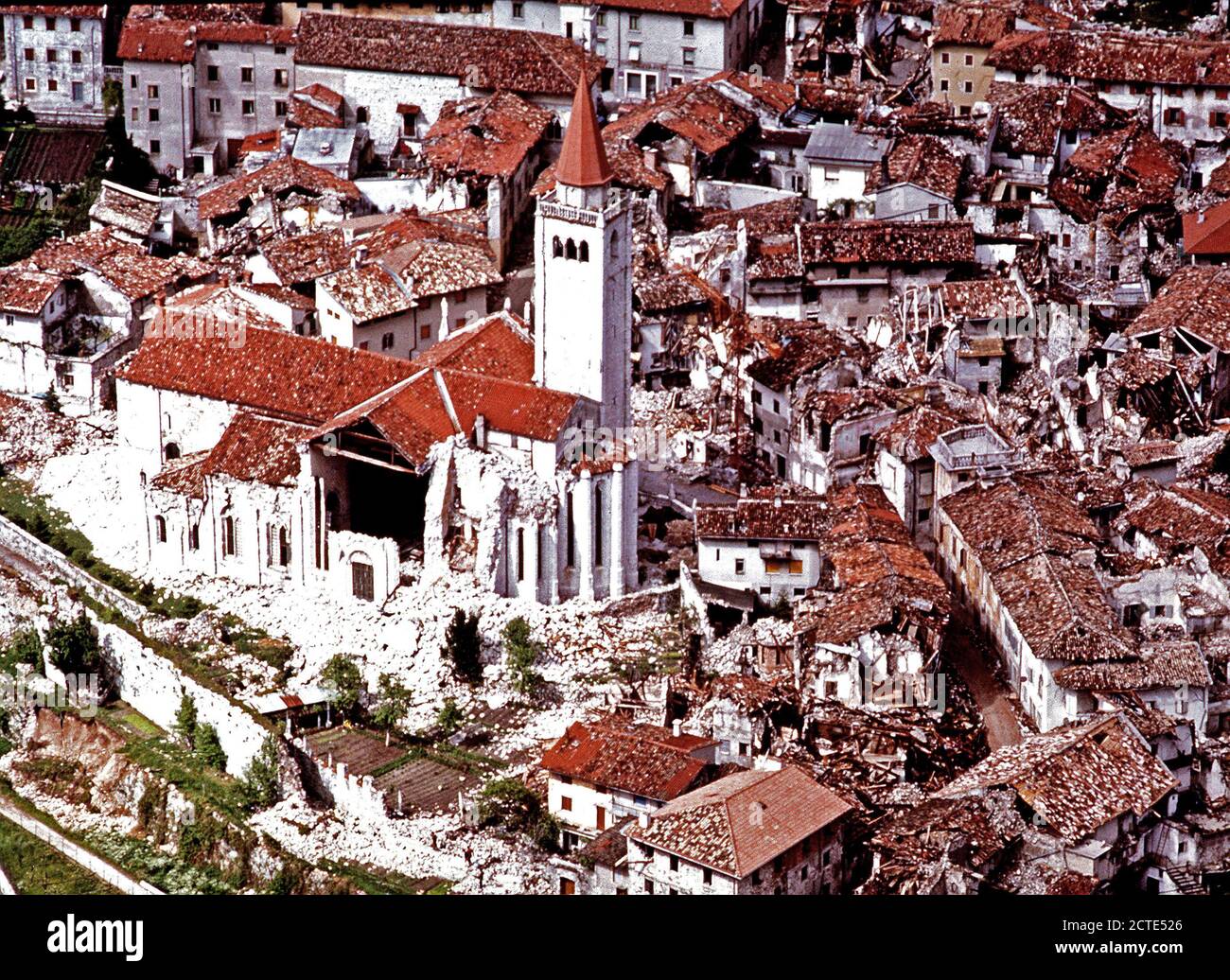 1976 - An aerial view of damage caused by a severe earthquake in Italy Stock Photo