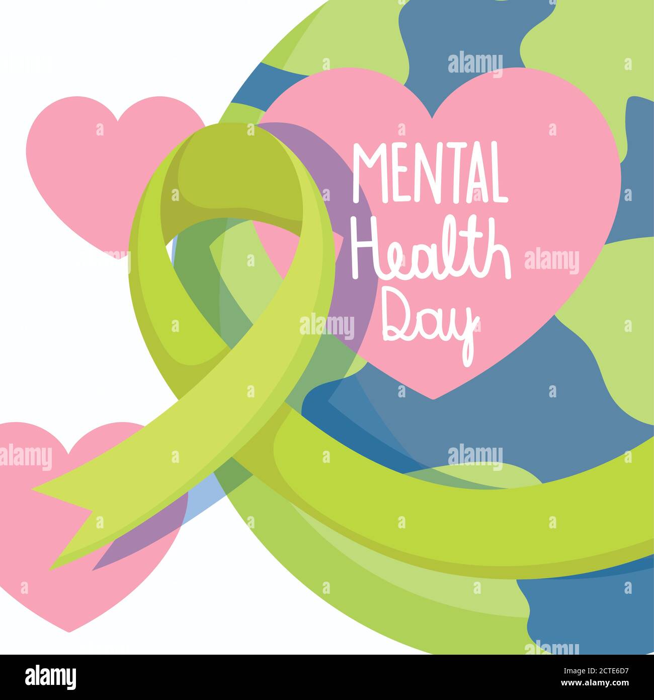 world mental health day, green ribbon planet and hearts vector ...