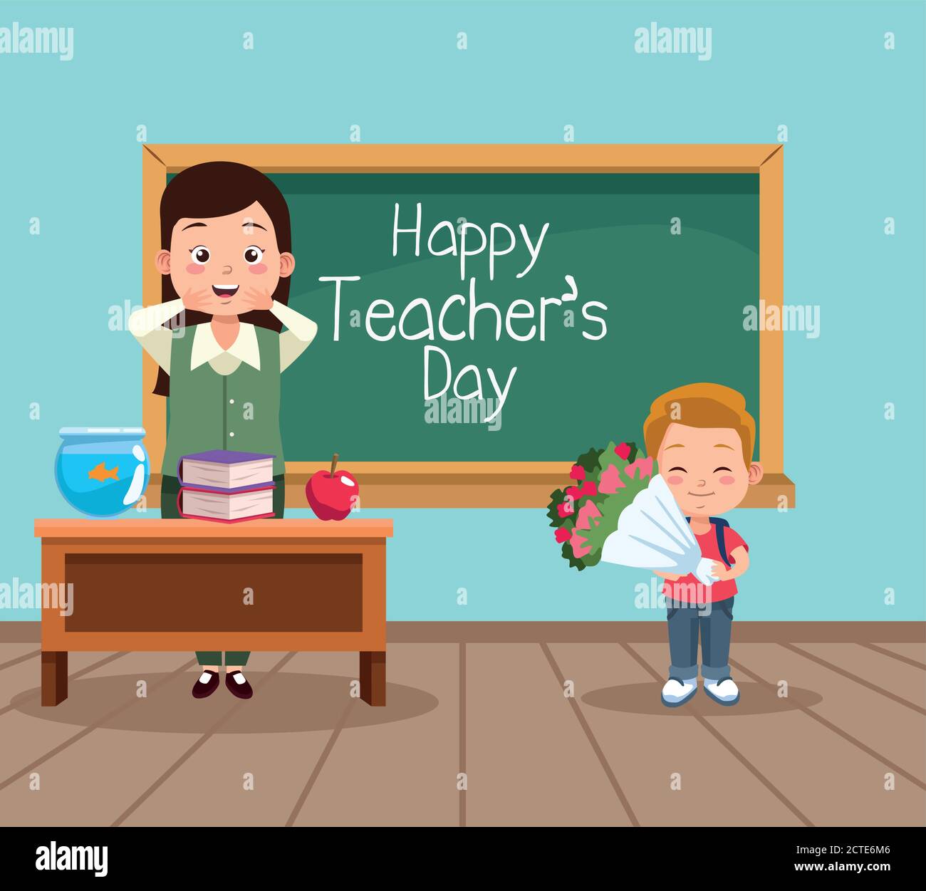 happy teachers day scene with teacher and schoolboy vector illustration