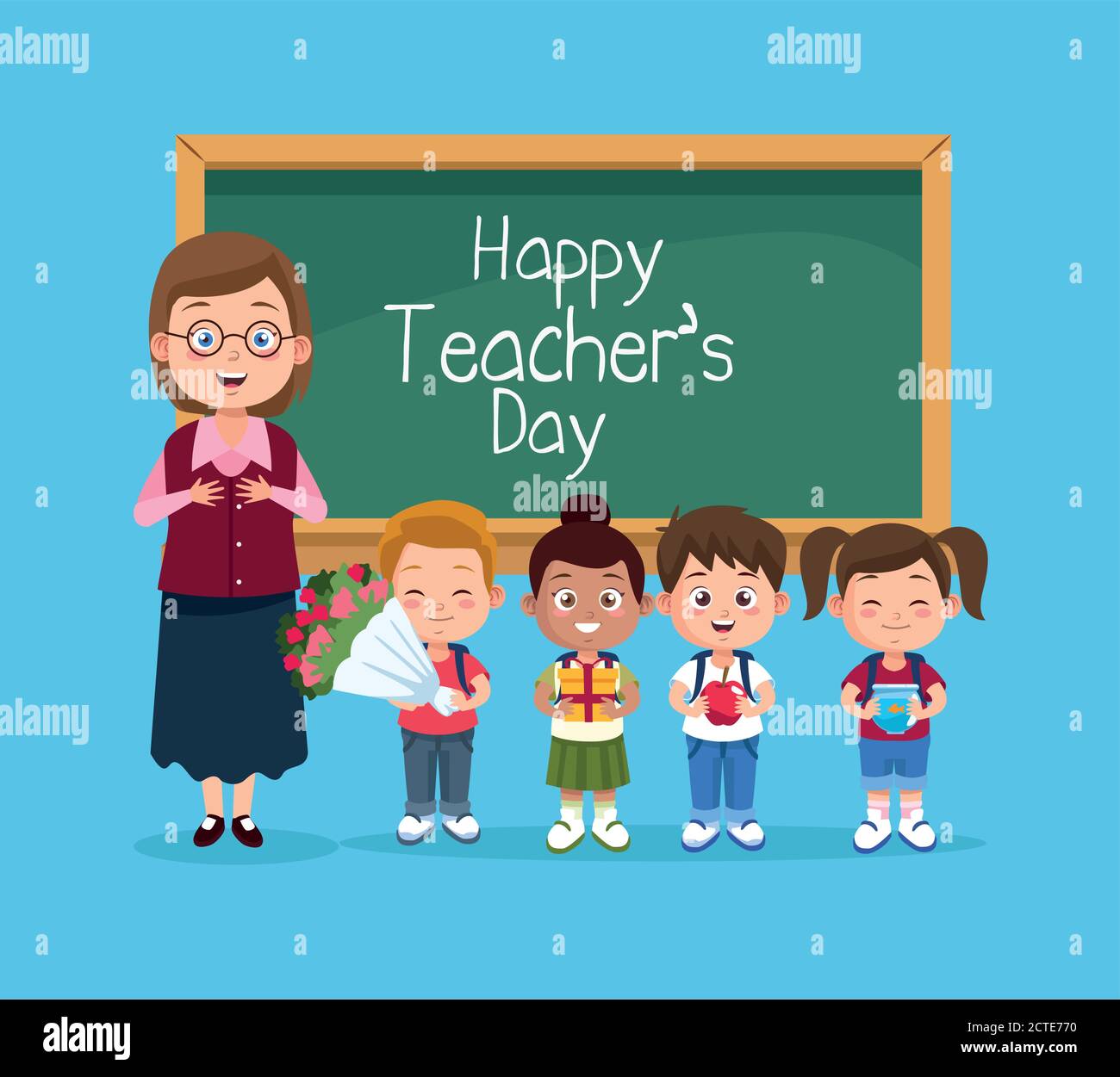 happy teachers day scene with teacher and kids vector illustration