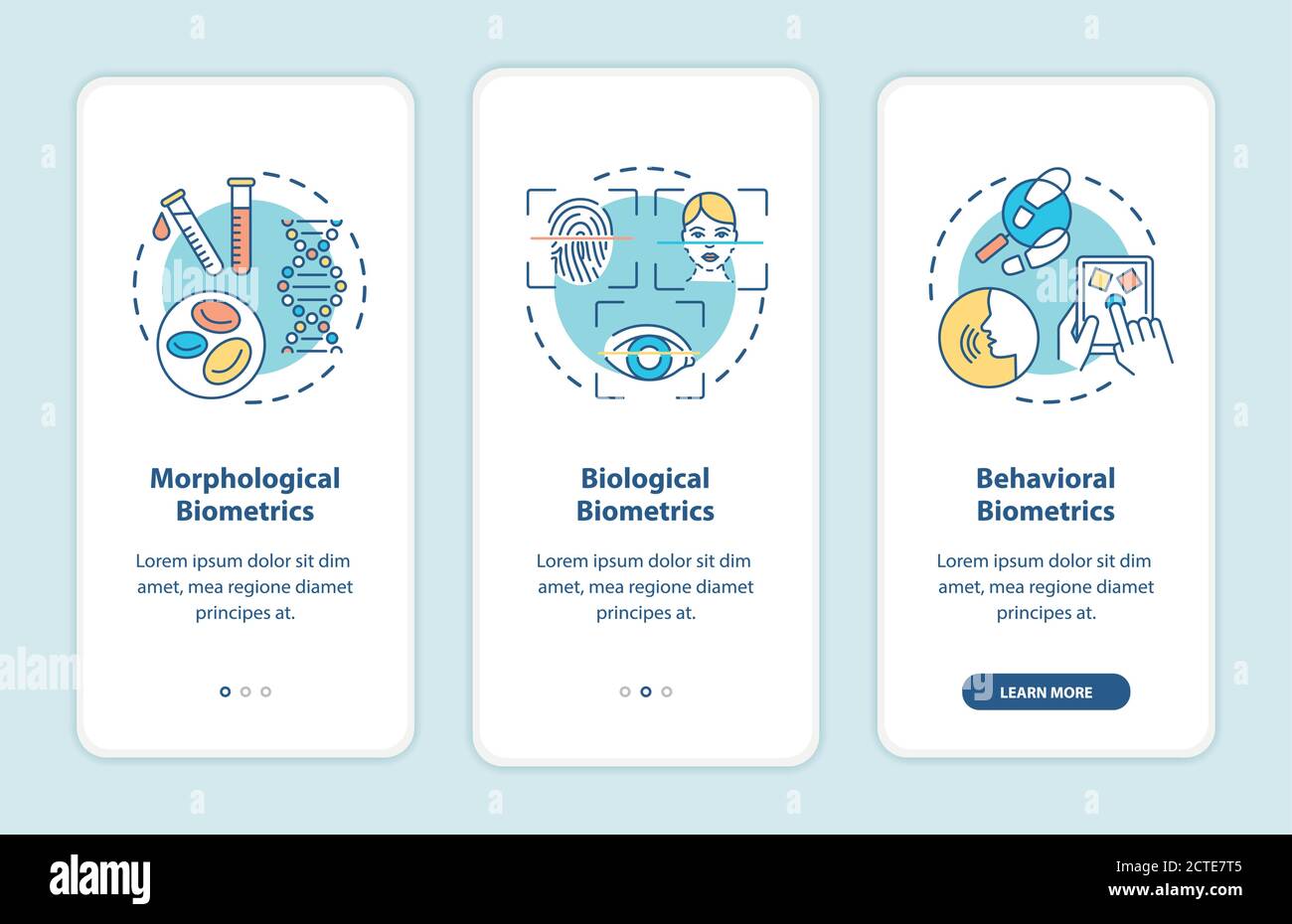 Biometrics types onboarding mobile app page screen with concepts Stock Vector