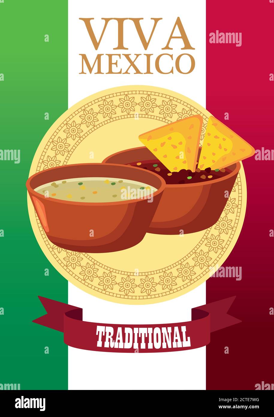 viva mexico lettering and mexican food poster with nachos in sauces ...