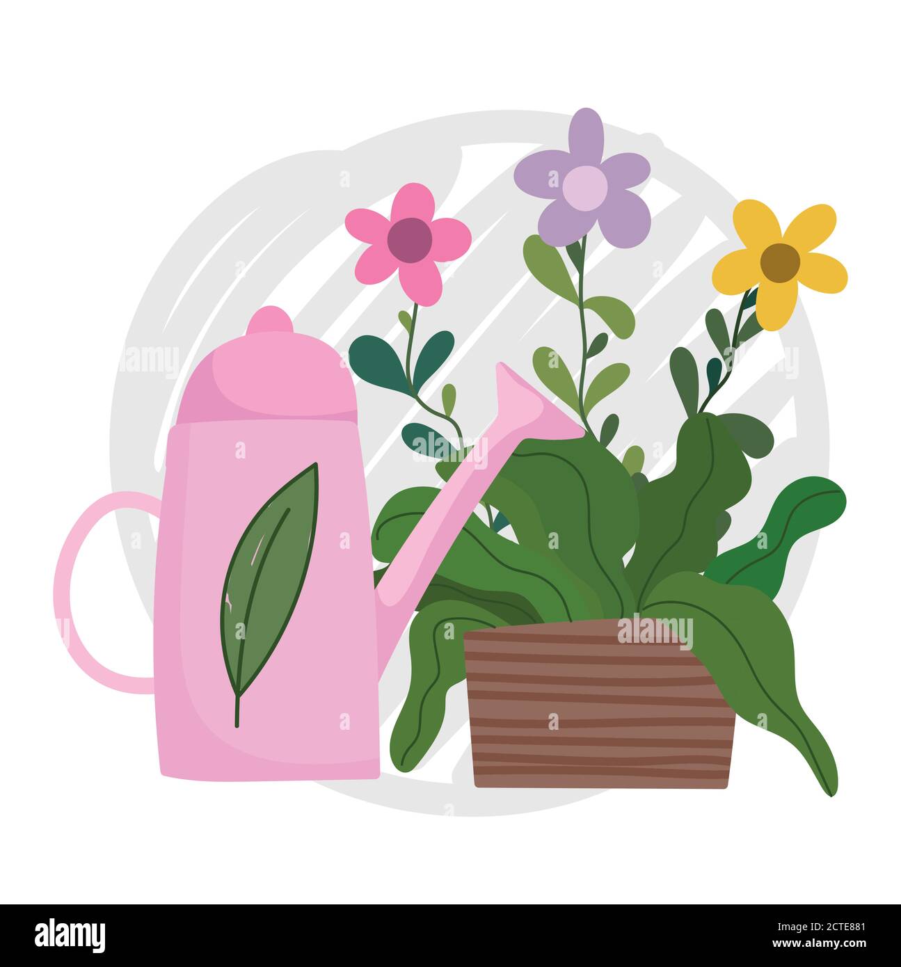 happy garden, watering can and flowers in pot decoration vector ...