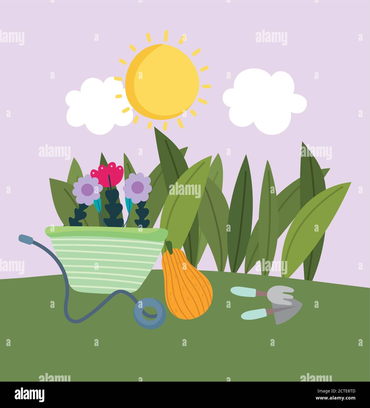 happy garden, flowers in wheelbarrow shovel rake pumpkin in grass ...