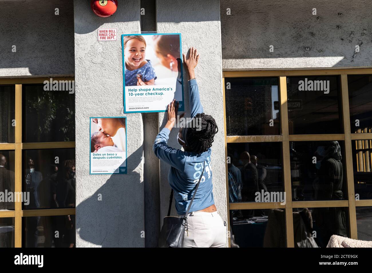 New York, NY - September 22, 2020: Census 2020 employee put poster on ...