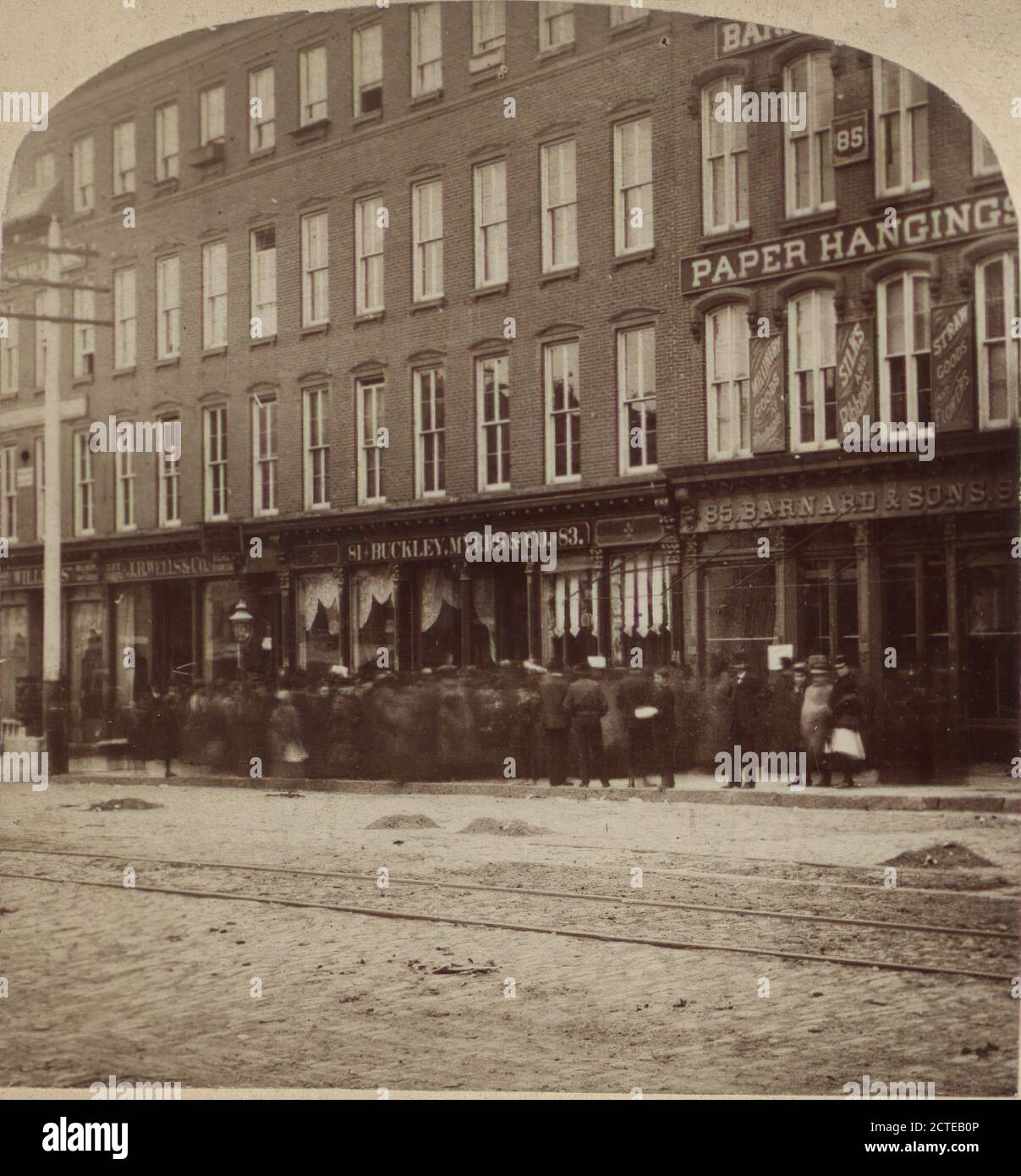 View of Barnard & Sons, and other stores in Utica., 1879, New York (State), Utica (N.Y Stock Photo
