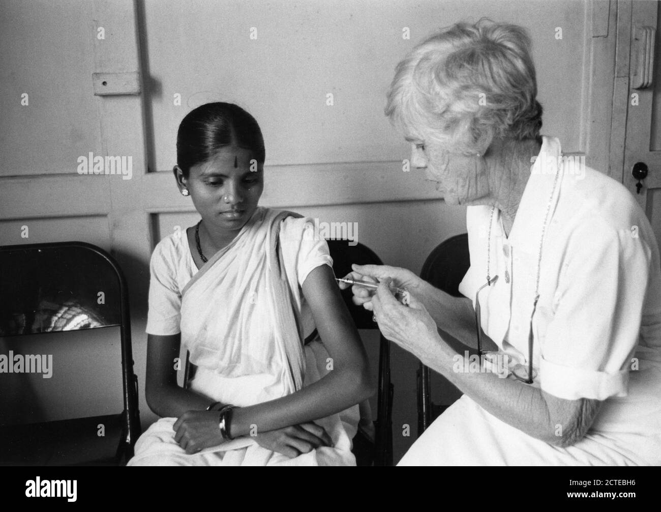 Peace Corps volunteer Lillian Gordy Carter (1898-1983), mother of President Jimmy Carter, serving in India, Godrej Colony, India, June 1968. (Photo by Vern Richey/Peace Corps/National Archives and Records Administration/RBM Vintage Images) Stock Photo