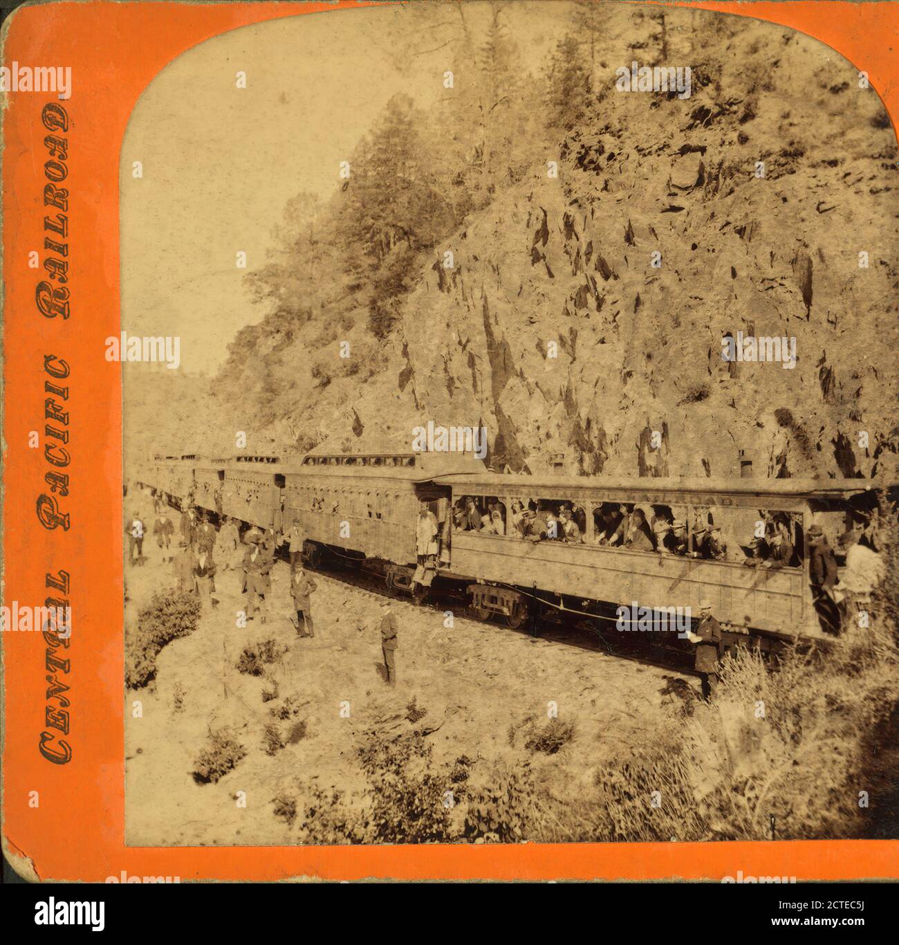 C.P.R.R. train at Cape Horn., Thomas Houseworth & Co., Central Pacific Railroad Company, California Stock Photo