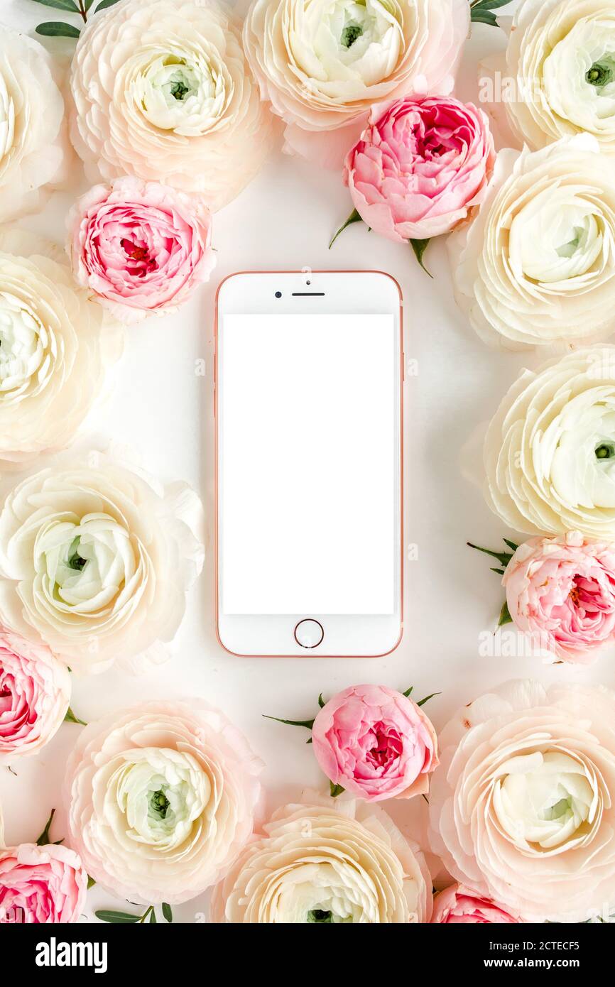 Floral frame borders made of pink ranunculus and roses flower buds on ...