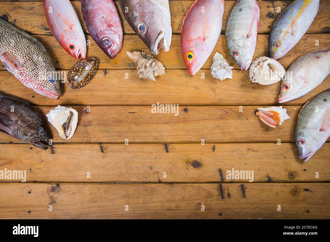 Caribbean Fresh fish seafood on old wooden table. Top view. Close-up. Stock Photo
