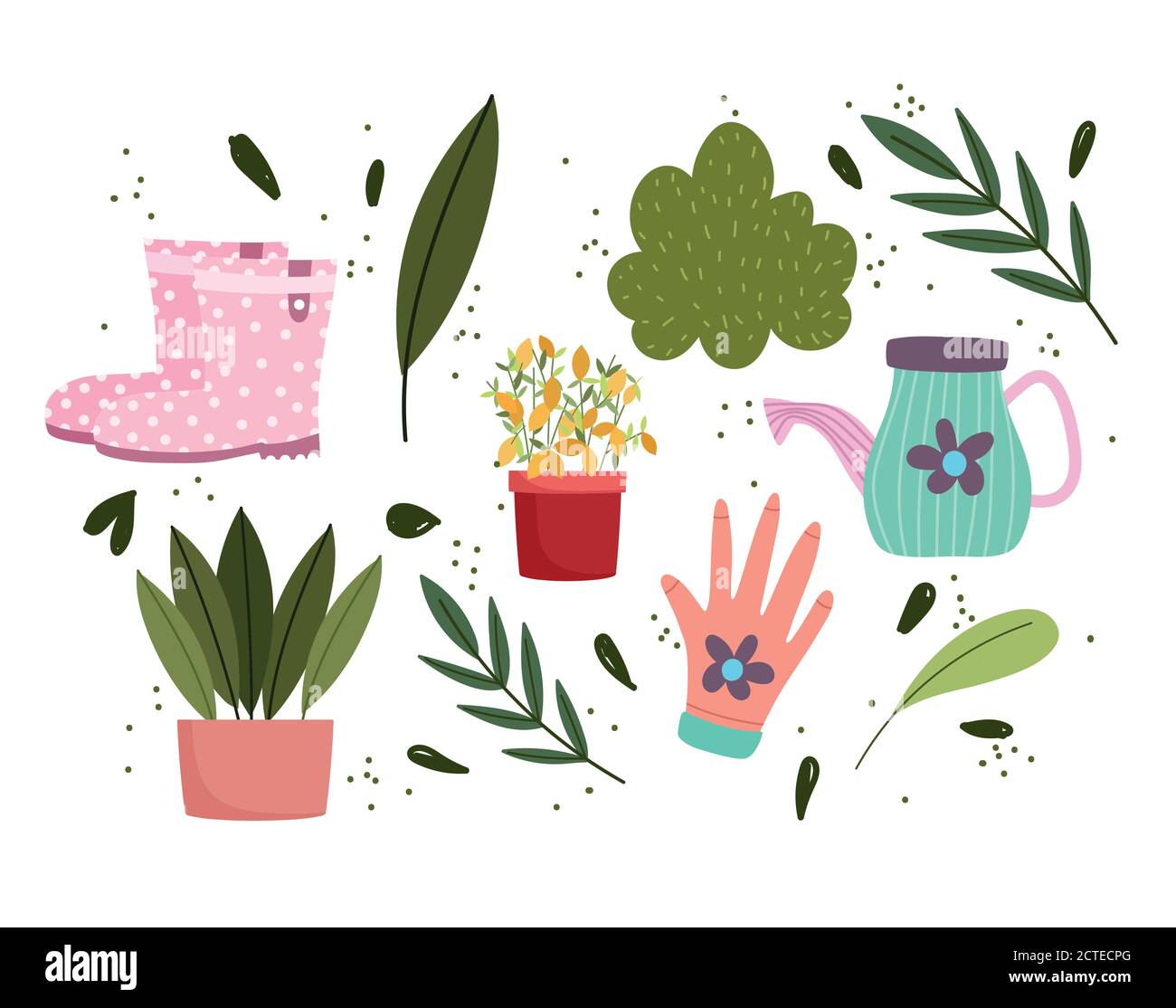 gardening, potted plants watering can glove boots and leaves vector ...