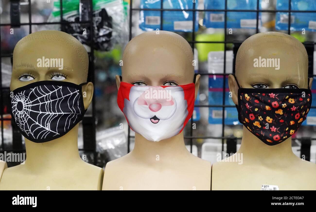 St. Louis, United States. 22nd Sep, 2020. Mannequin heads at Johnnie Brock's Dungeon Party Warehouse, wear some of the popular face masks for this Halloween season, in St. Louis on Tuesday, September 22, 2020. Photo by Bill Greenblatt/UPI Credit: UPI/Alamy Live News Stock Photo