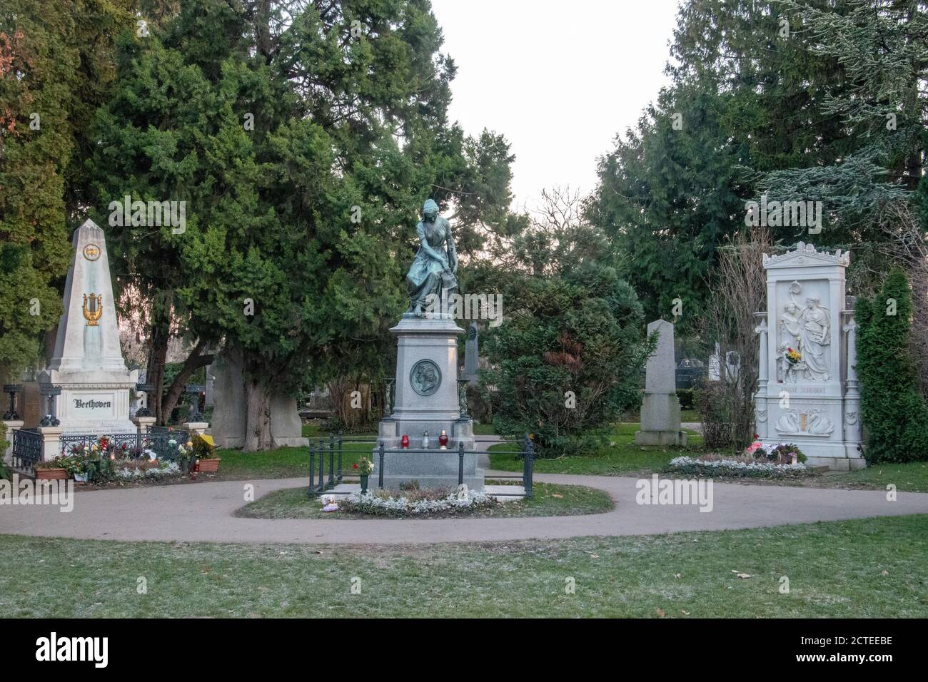Tombs and monuments of Beethoven, Mozart and Schubert. Vienna Central Cemetary, Vienna, Austria. Stock Photo