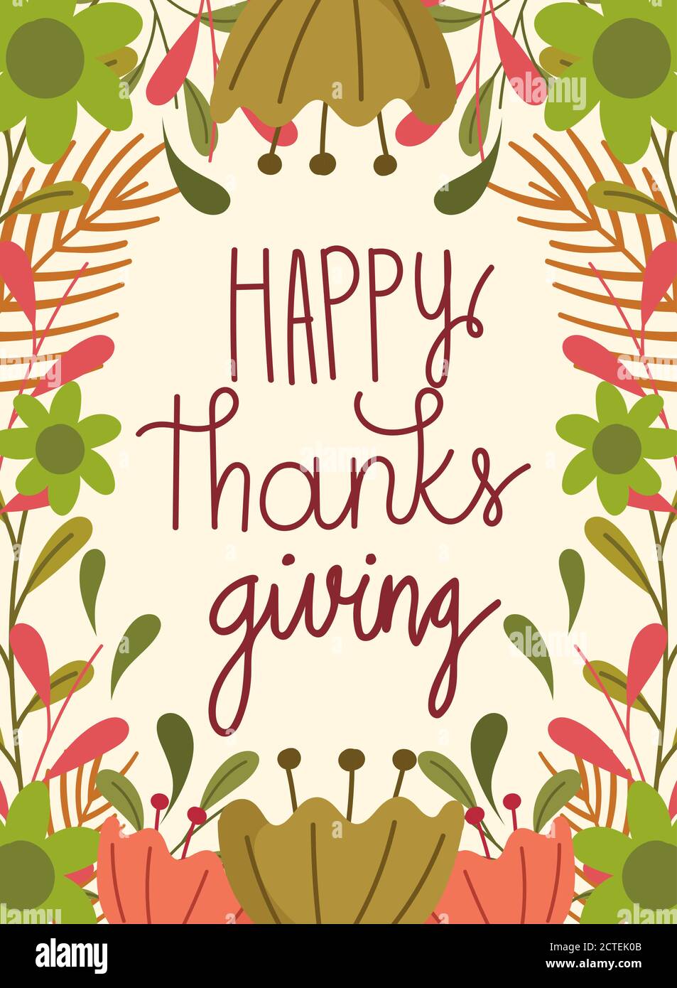 happy thanksgiving day, greeting hand lettering flowers leaf ...