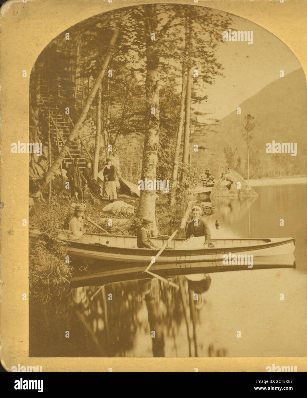 Idlewild, Crawford Notch,White Mts., Kilburn, B. W. (Benjamin West) (1827-1909), Women, Boys, Girls, Men, Boats, Rowboats, Bodies of water, Shorelines, New Hampshire, Crawford Notch (N.H.), White Mountains (N.H. and Me Stock Photo