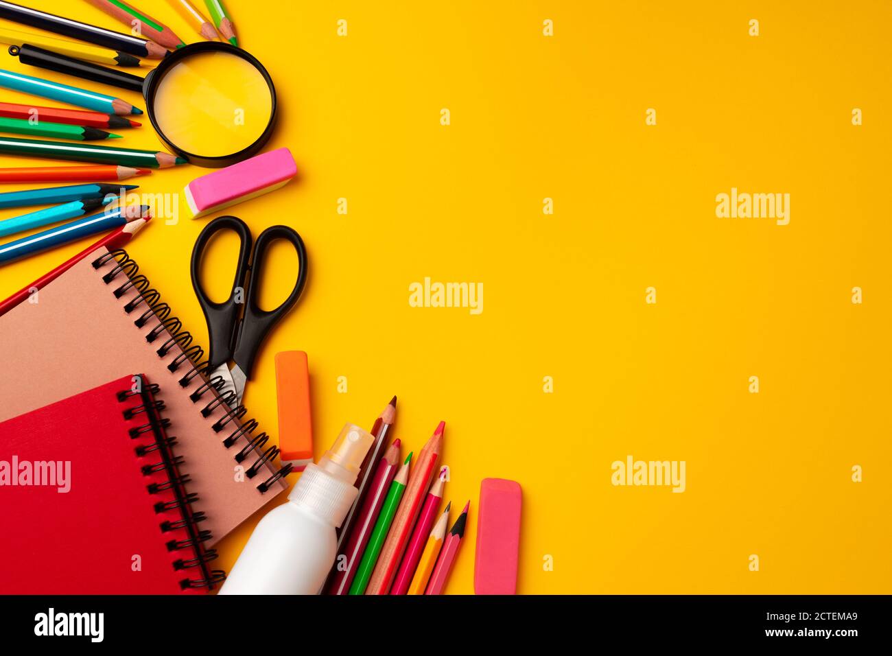 Notepad and color pencils on working space top view Stock Photo Alamy