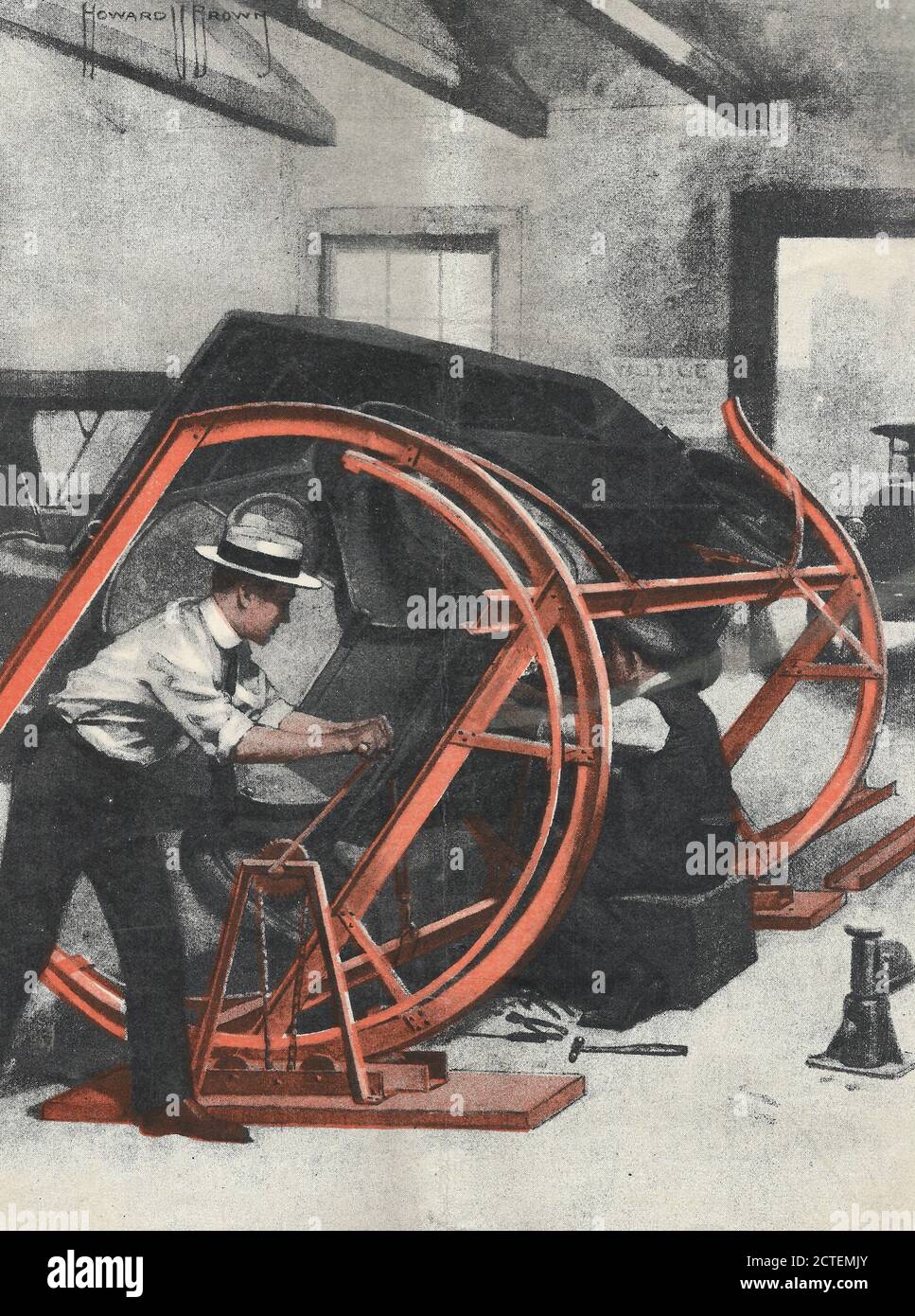 Turning an automobile to get underneath, circa 1919 Stock Photo