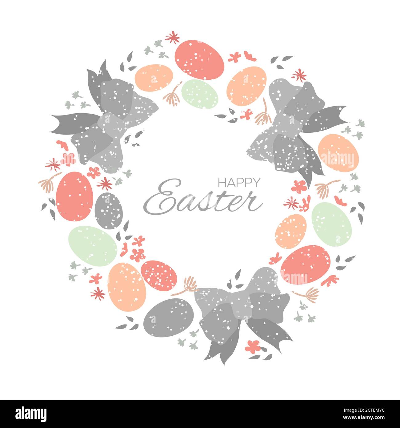 Easter eggs. Pastel Wreath with beautiful bow and flowers. Happy Easter ...