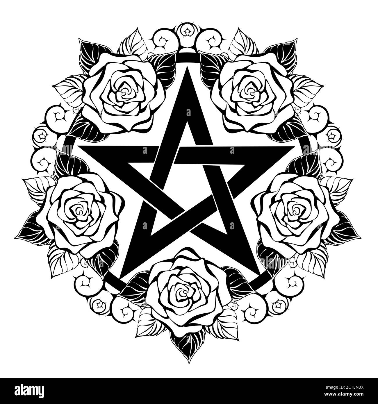 Black pentagram with contour, artistically drawn roses with leaves and thorny stem on white background. Wiccan symbol. Stock Vector