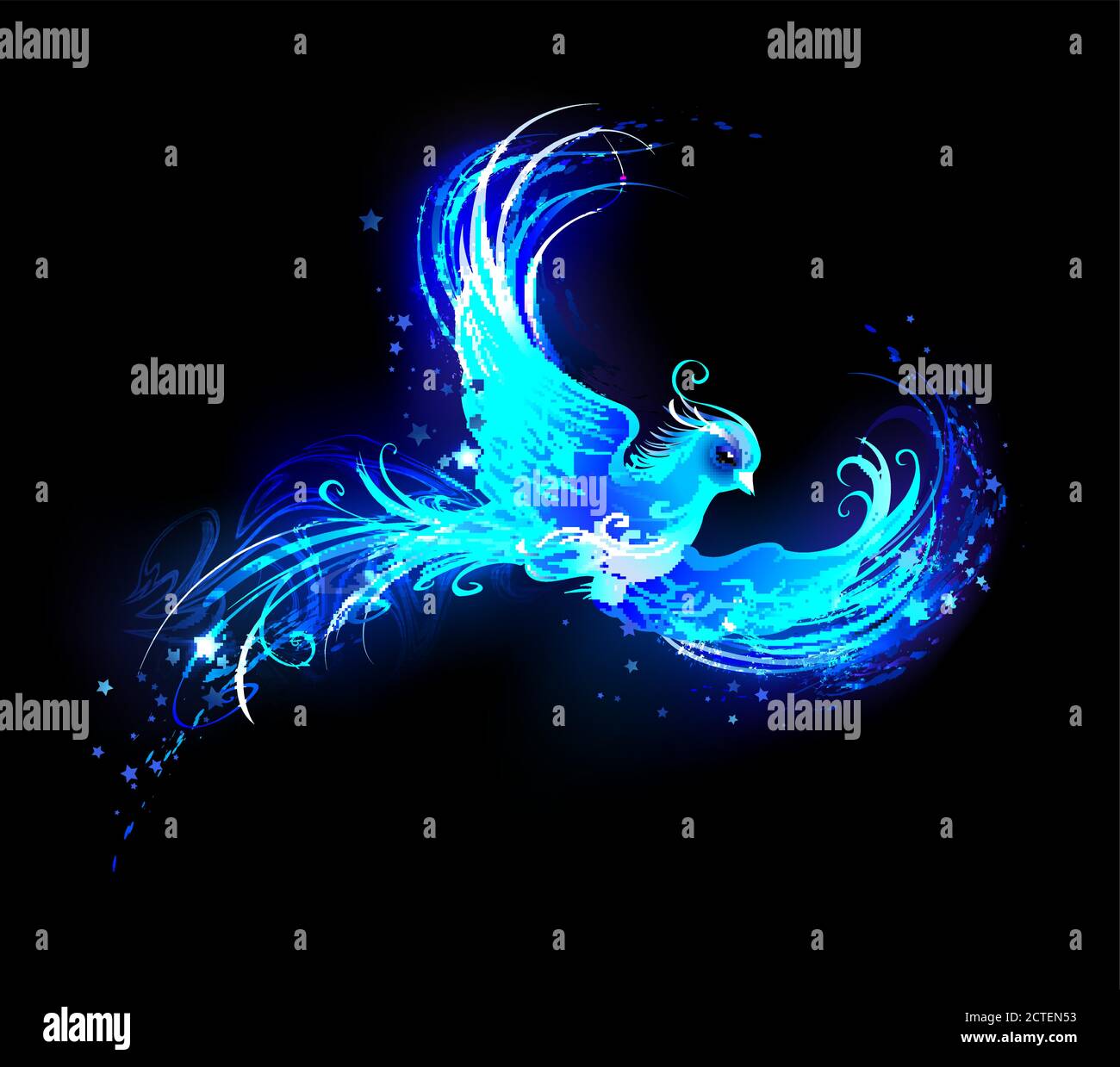 Flying, light bird from blue flame with stars on black background. Phoenix. Stock Vector