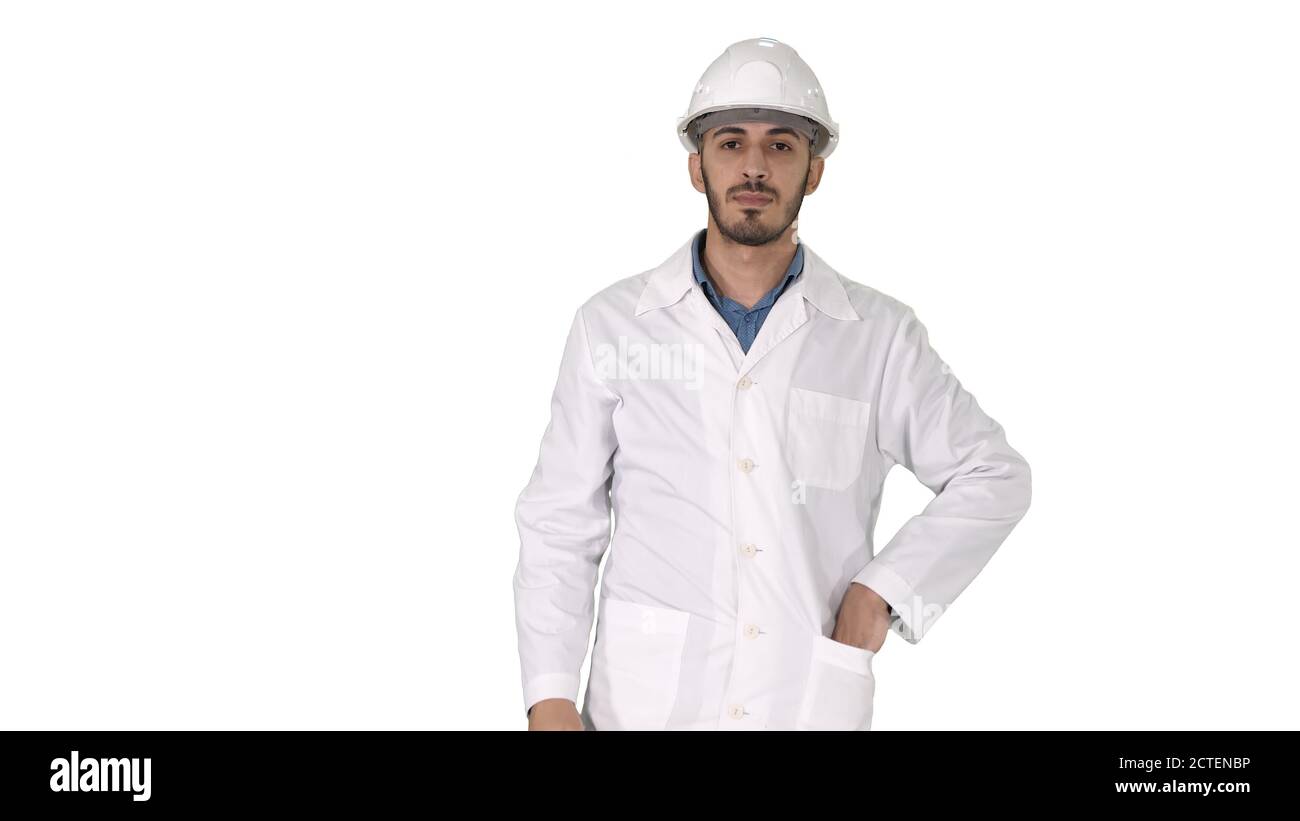 Scientist engineer in safety glasses and hard hat walking Safety concept on white background. Stock Photo