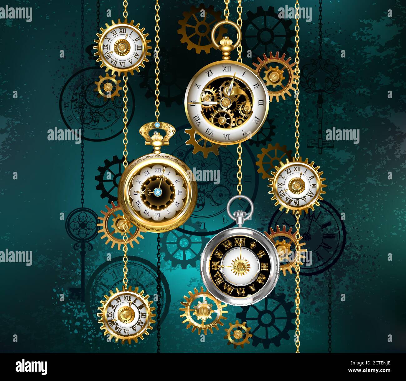 Jewelry, antique watches with gold chains, brass gears and silhouette