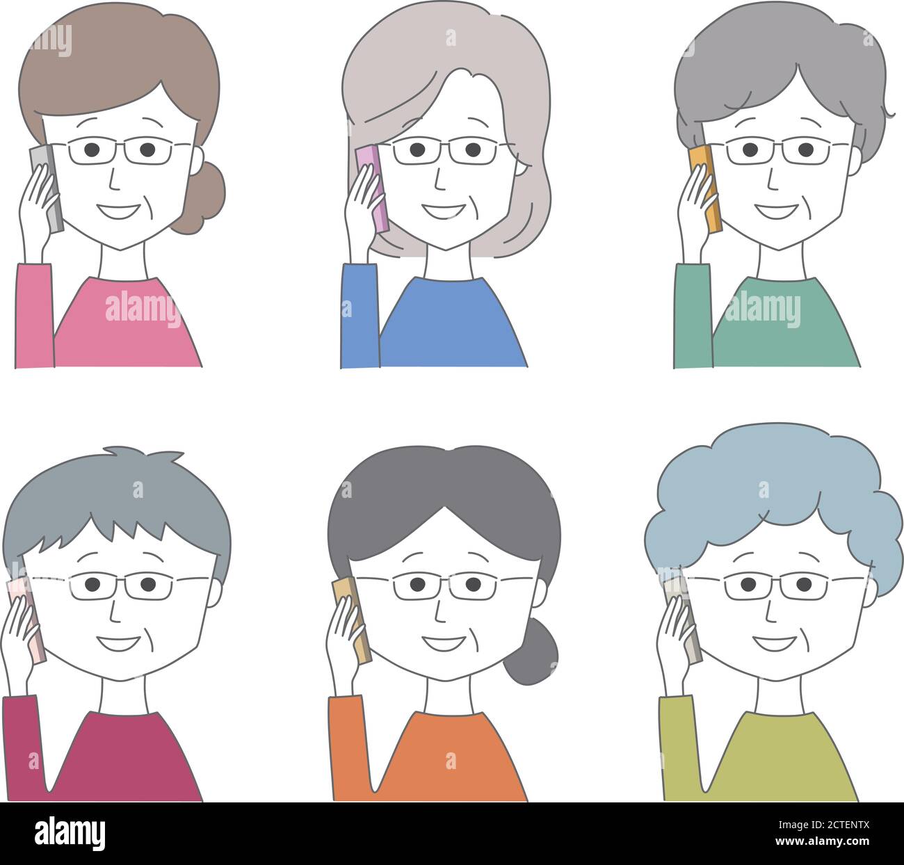 Middle aged women wearing glasses on the phone with their friends. Vector illustration isolated on white background. Stock Vector
