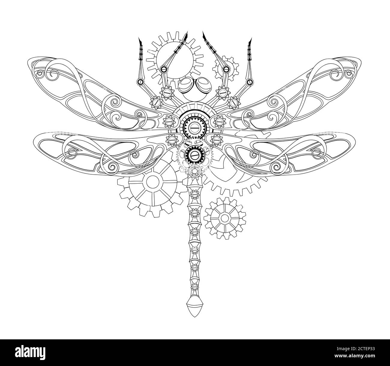 Antique, contour, mechanical dragonfly with gears on white background. Steampunk style. Stock Vector
