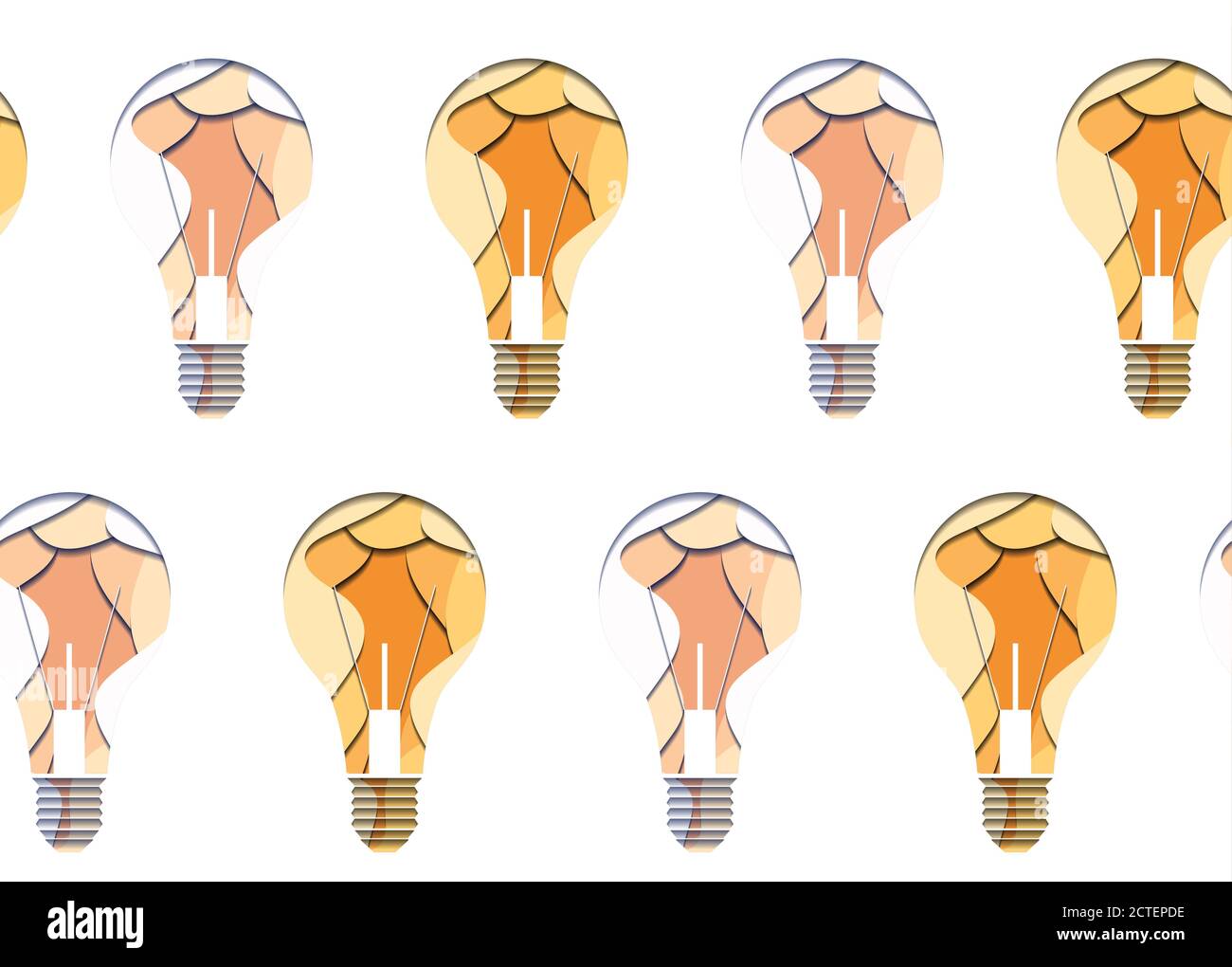 Seamless pattern of 3d bulbs cut from paper on white background. Vector texture for your creativity Stock Vector