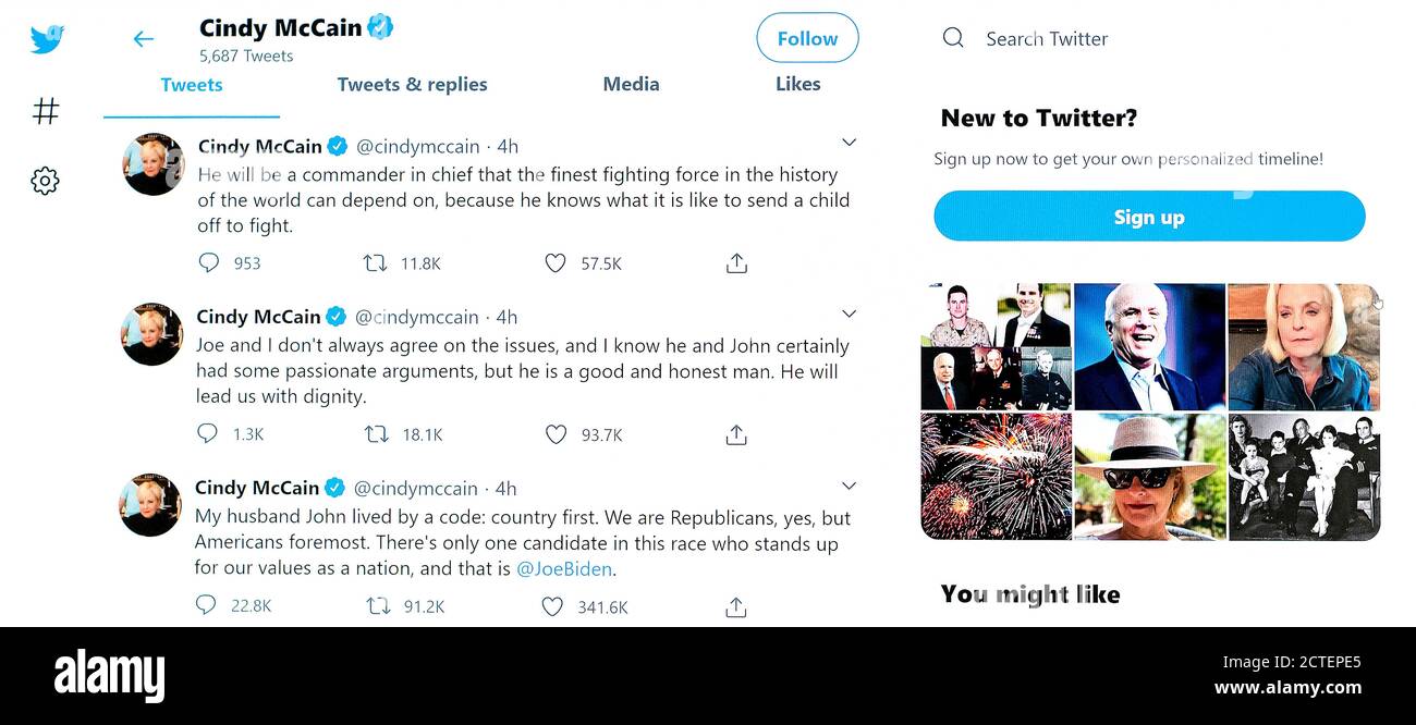 Phoenix, Arizona, USA. 22nd Sep, 2020. Screen grab of a portion of the Twitter feed of CINDY MCCAIN, widow of Senator John McCain. Mrs. MCain, a lifelong Republican, announced today that she is endorsing Vice President Joe Biden, the Democratic nominee for president, and that she will campaign on his behalf. Credit: Twitter/ZUMA Wire/Alamy Live News Stock Photo