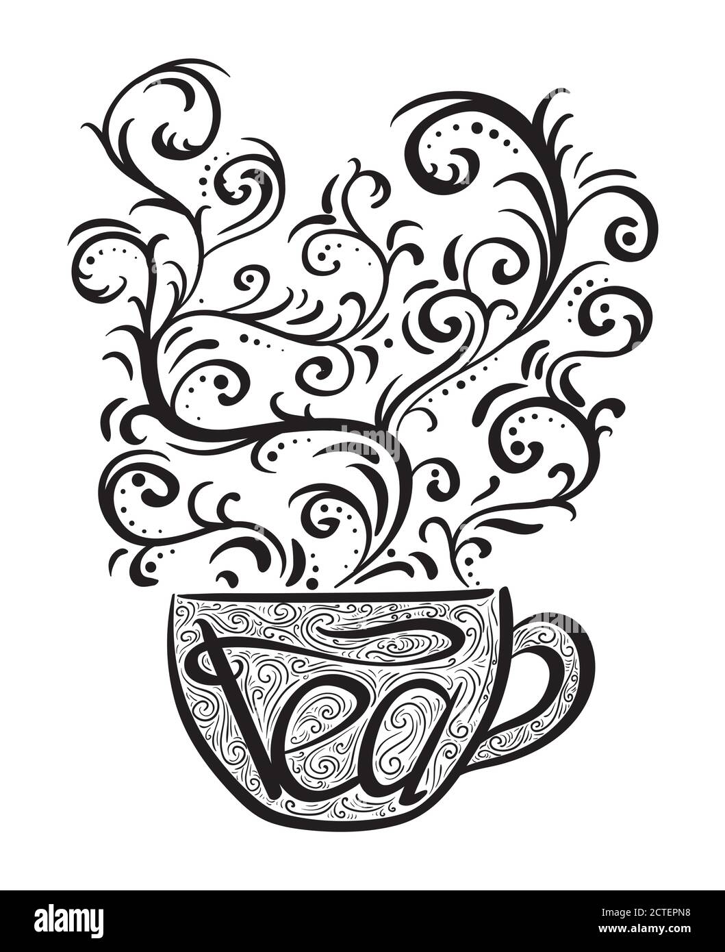 Hand drawn illustration with a lettering and a cup of tea and steam ...