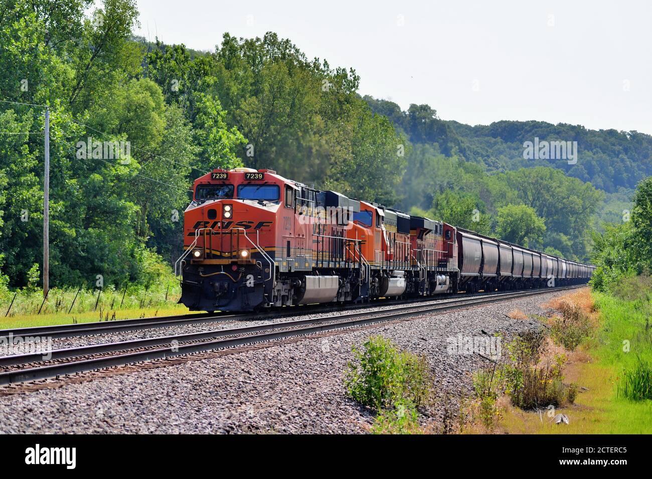 Savanna, Illinois, USA. A westbound Burlington Northern Santa Fe grain