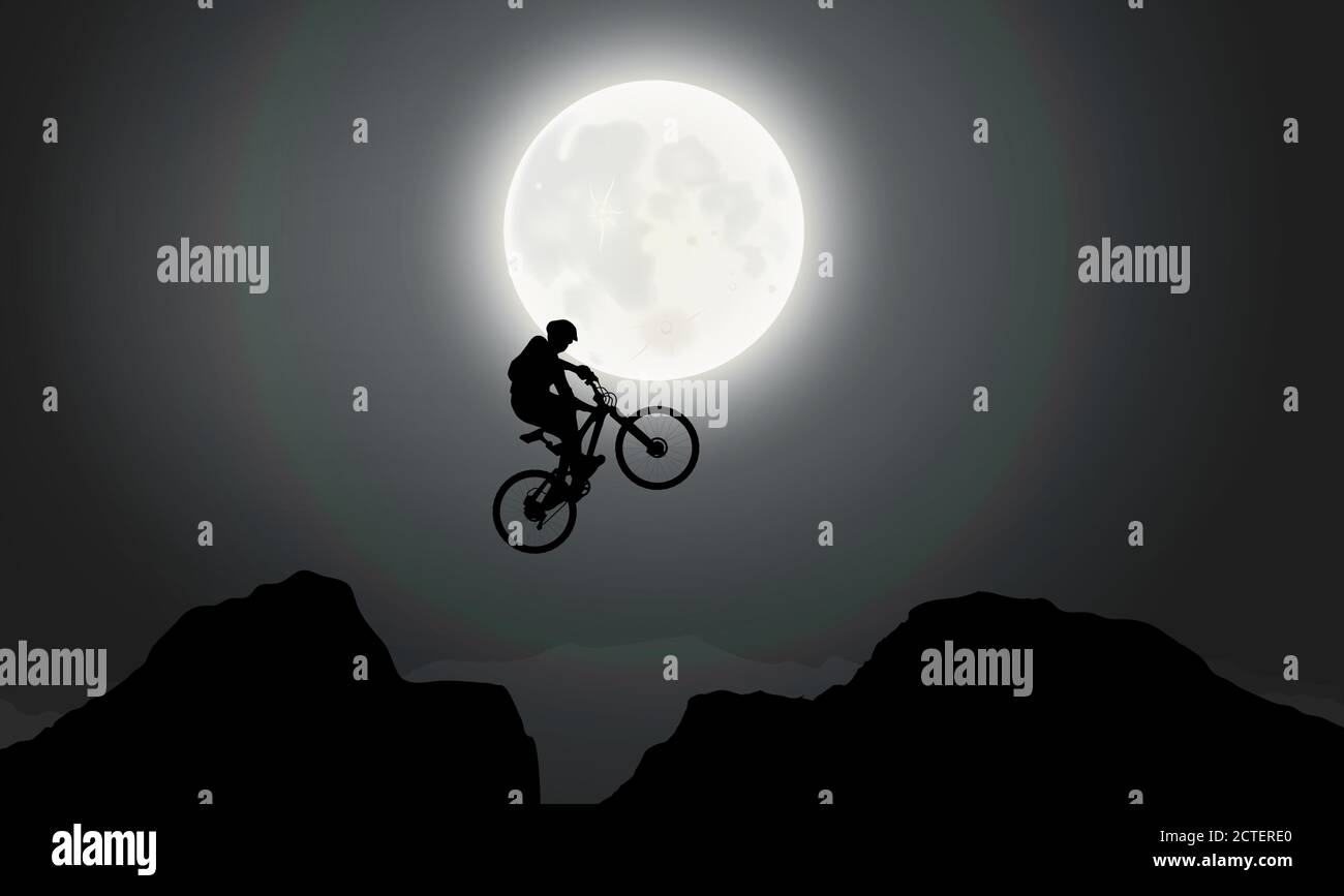 A Cyclist Flying Across The Cliff, Mountaintop, Moonlight Stock Vector