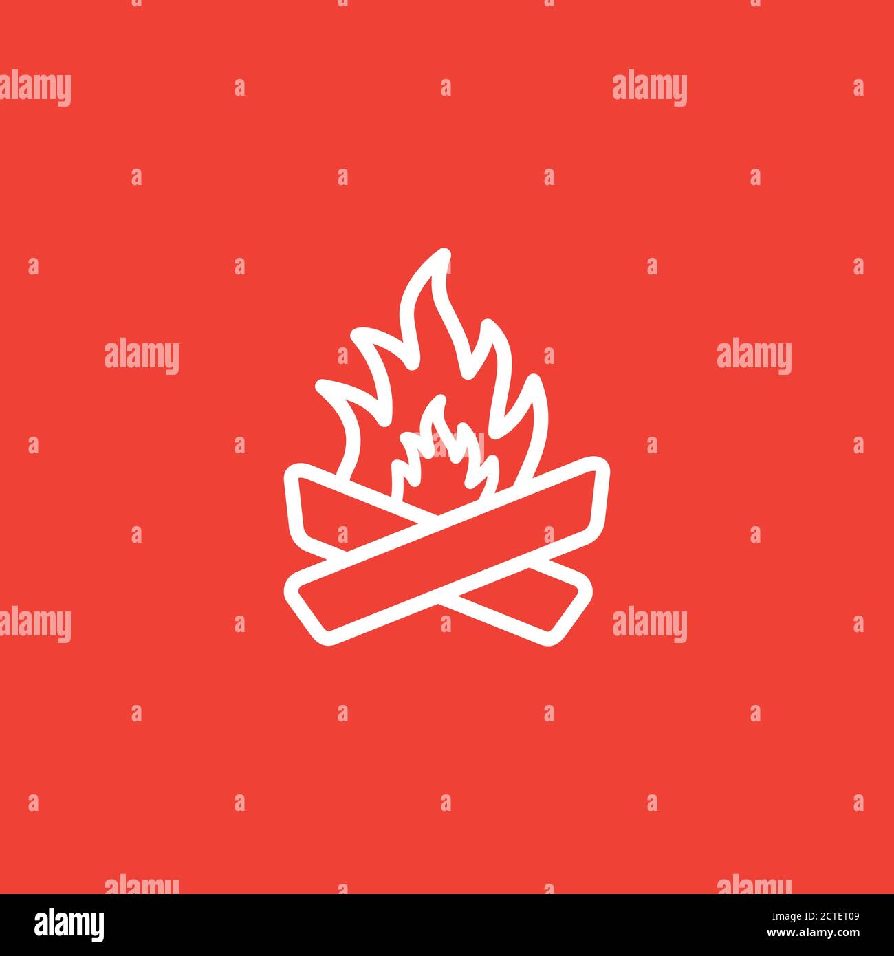 Camp Fire Line Icon On Red Background. Red Flat Style Vector Illustration. Stock Vector