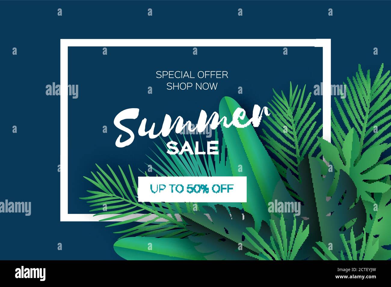Trendy Summer Sale Template banner. Paper cut art Tropical palm leaves ...