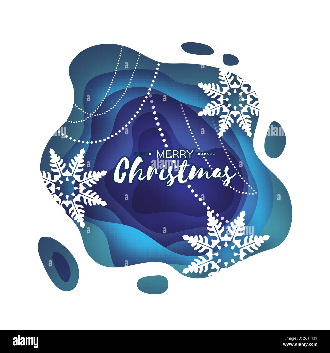 Blue Merry Christmas Greetings card. Snowfall. Paper cut snow flake ...