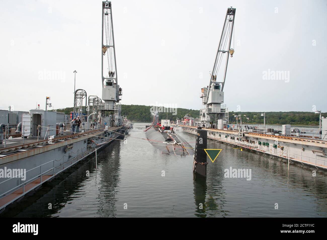 The Los Angeles fast attack submarine USS Hartford (SSN 768) is guided out of the floating dry dock, ARDM 4 on Thursday, September 17, 2020 at Submarine Base New London in Groton.  Hartford completed regularly scheduled maintenance while docked. (U.S. Navy Photo by John Narewski/Released) Stock Photo