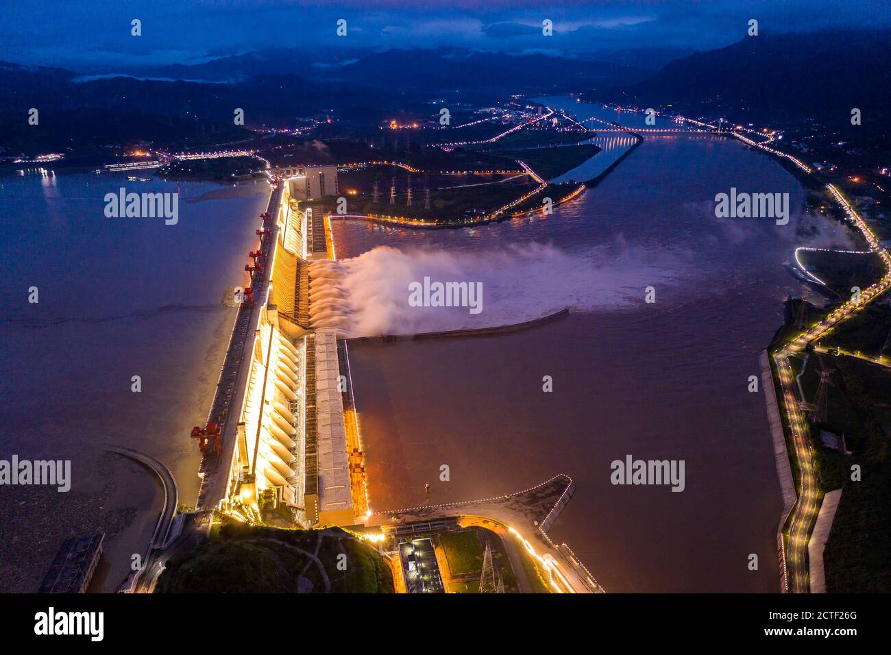 An aerial view of the Three Gorges Dam discharging water with 11 ...