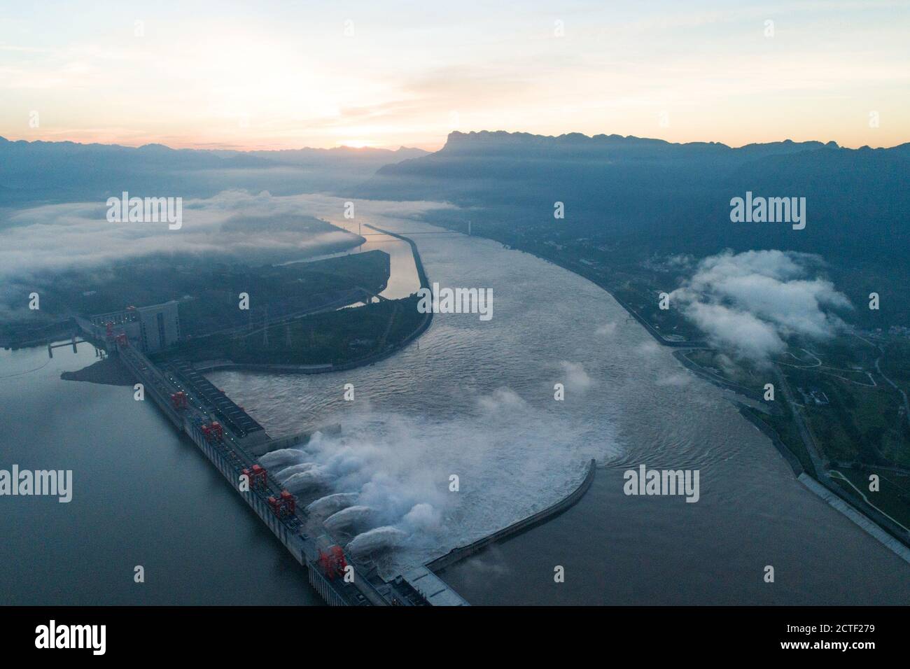 An aerial view of floodgates of the Three Gorges Dam opened to releasing 2020's fourth flood, whose flood peak is the largest of the year and the thir Stock Photo
