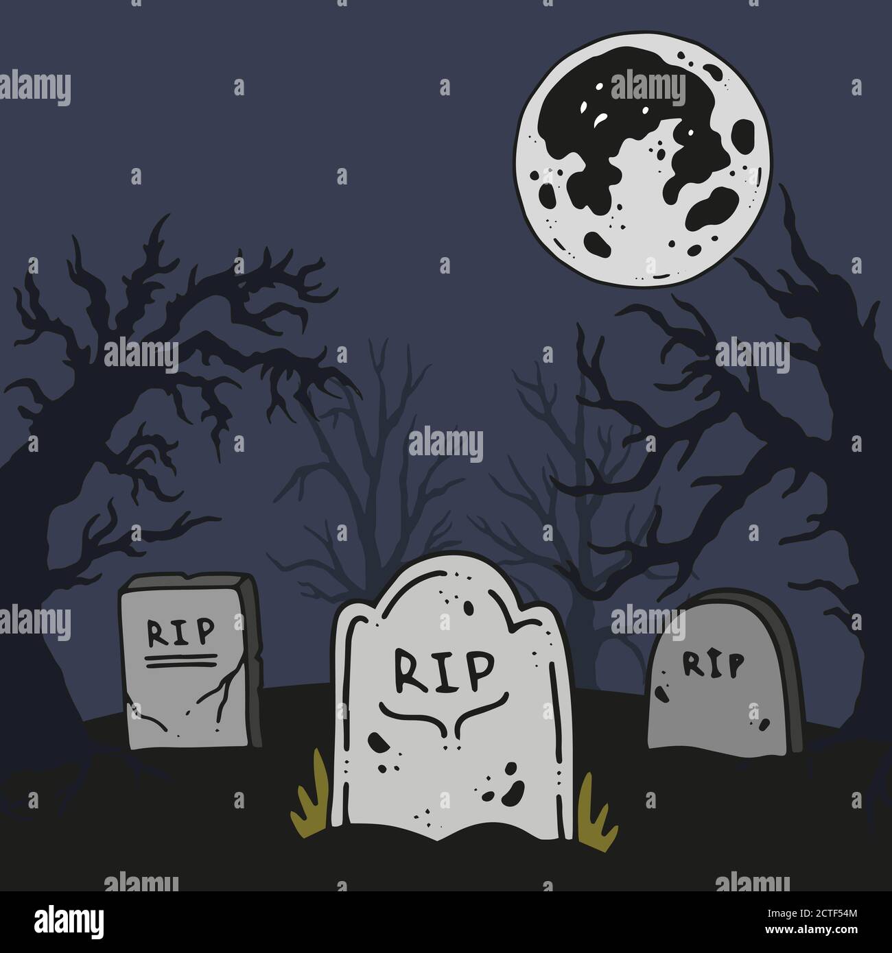 Vector helloween illustration graveyard with spooky forest Stock Vector