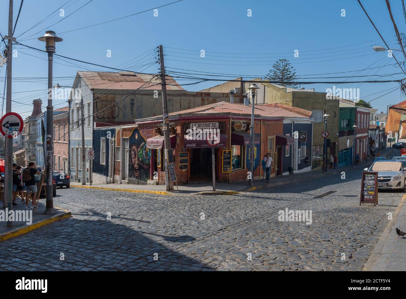 A view of a street in the old town of Valparaiso, Chile Stock Photo