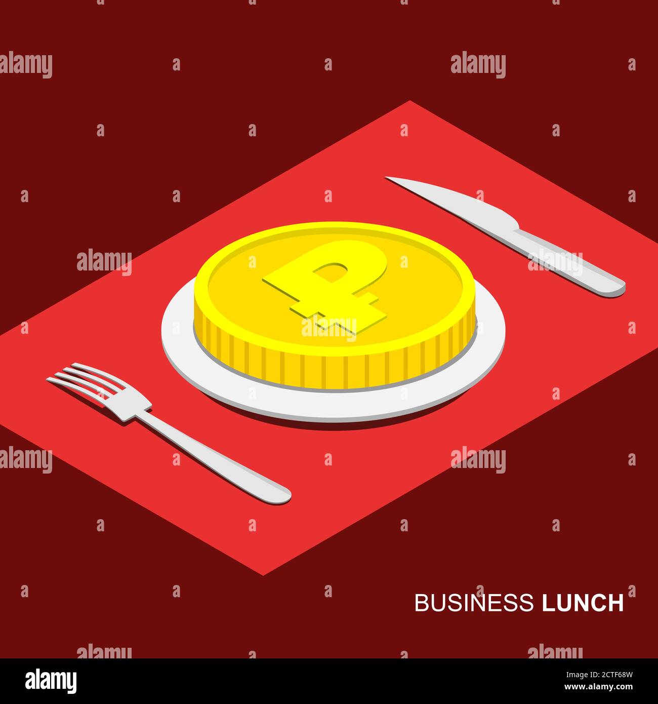 Business lunch concept infographic. Isometric 3d coin with ruble sign