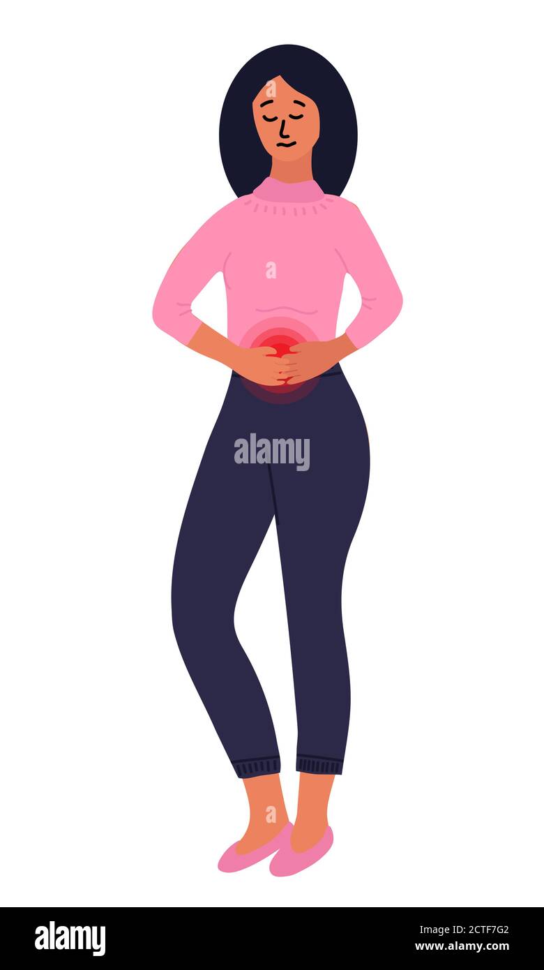 young woman feels a strong pain in the stomach. Stomach disease, ulcers, gastritis. Cartoon vector illustration Stock Vector