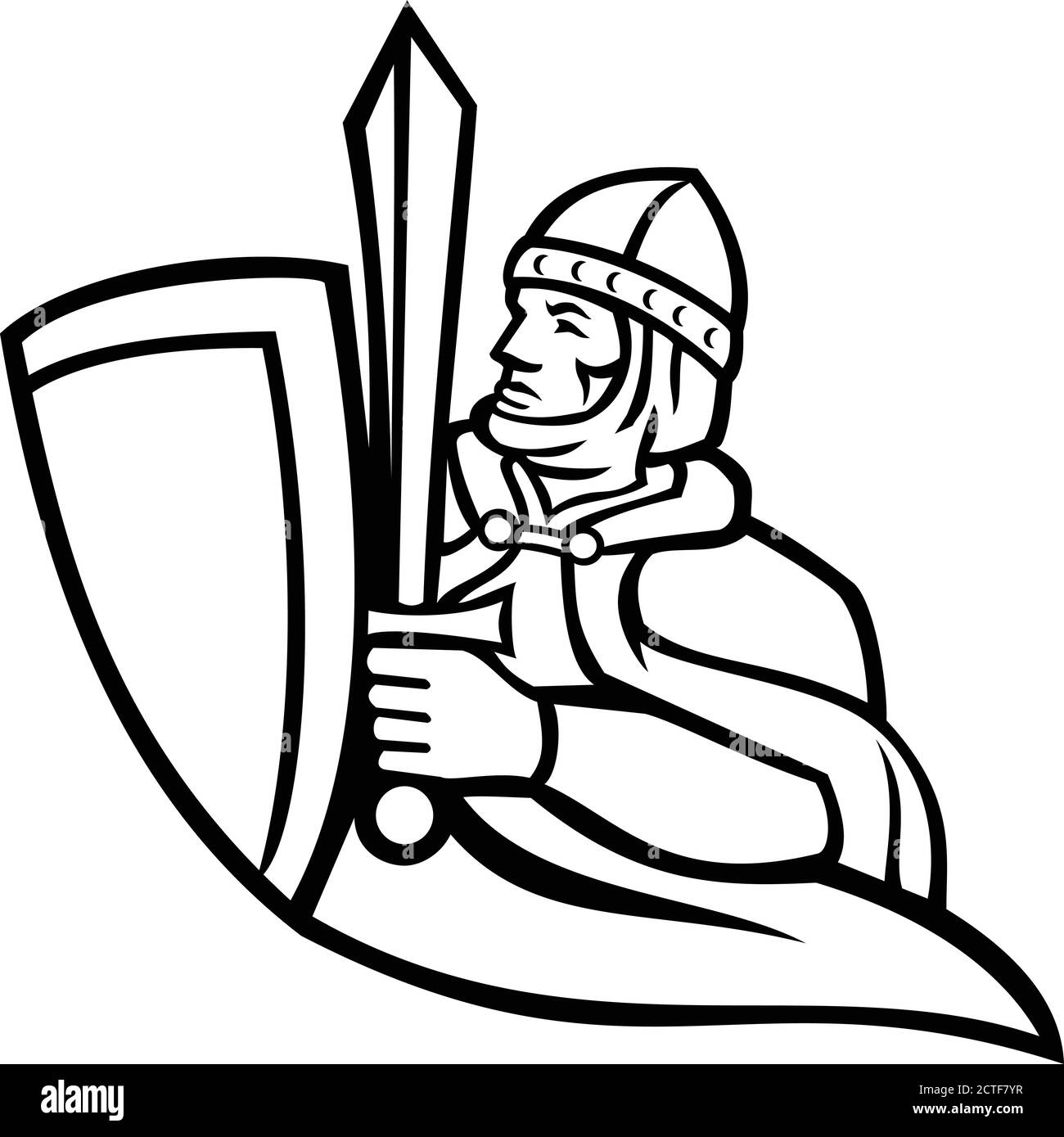 Mascot illustration of bust of a medieval king or knight wielding a sword and shield from waist up viewed from side on isolated background in retro Bl Stock Vector