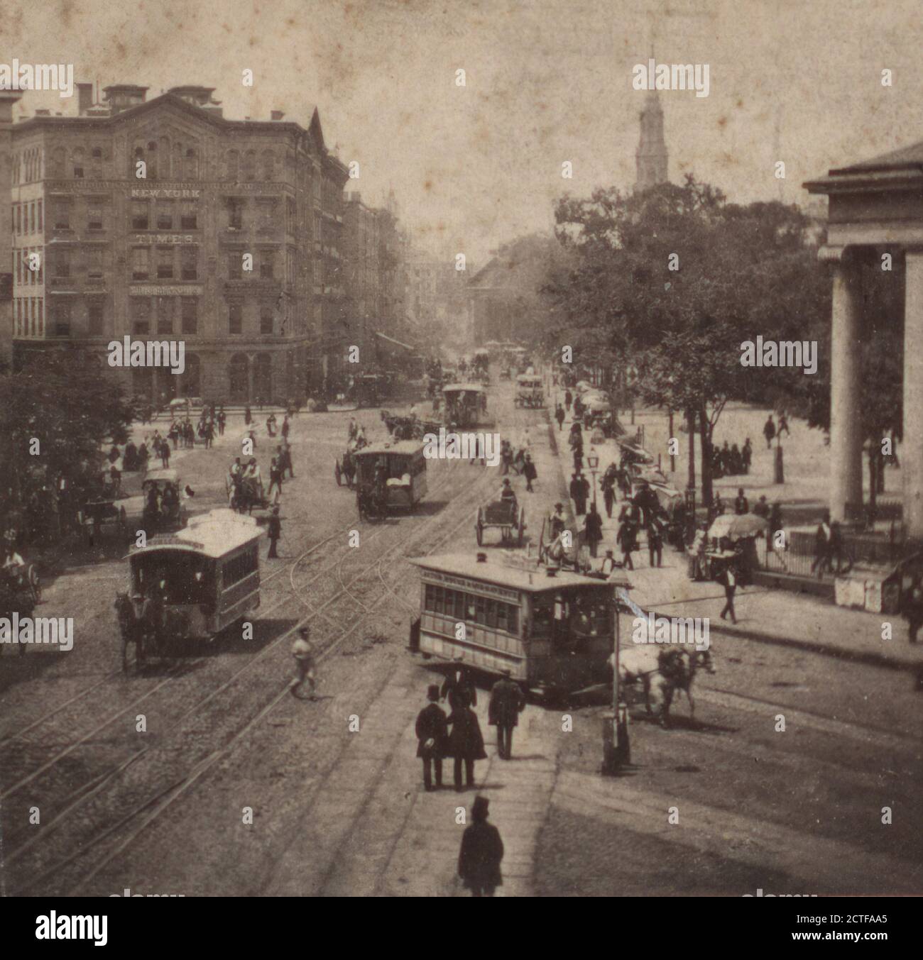 Park Row from Tryon Row, the City Hall Park on the right, showing the ...