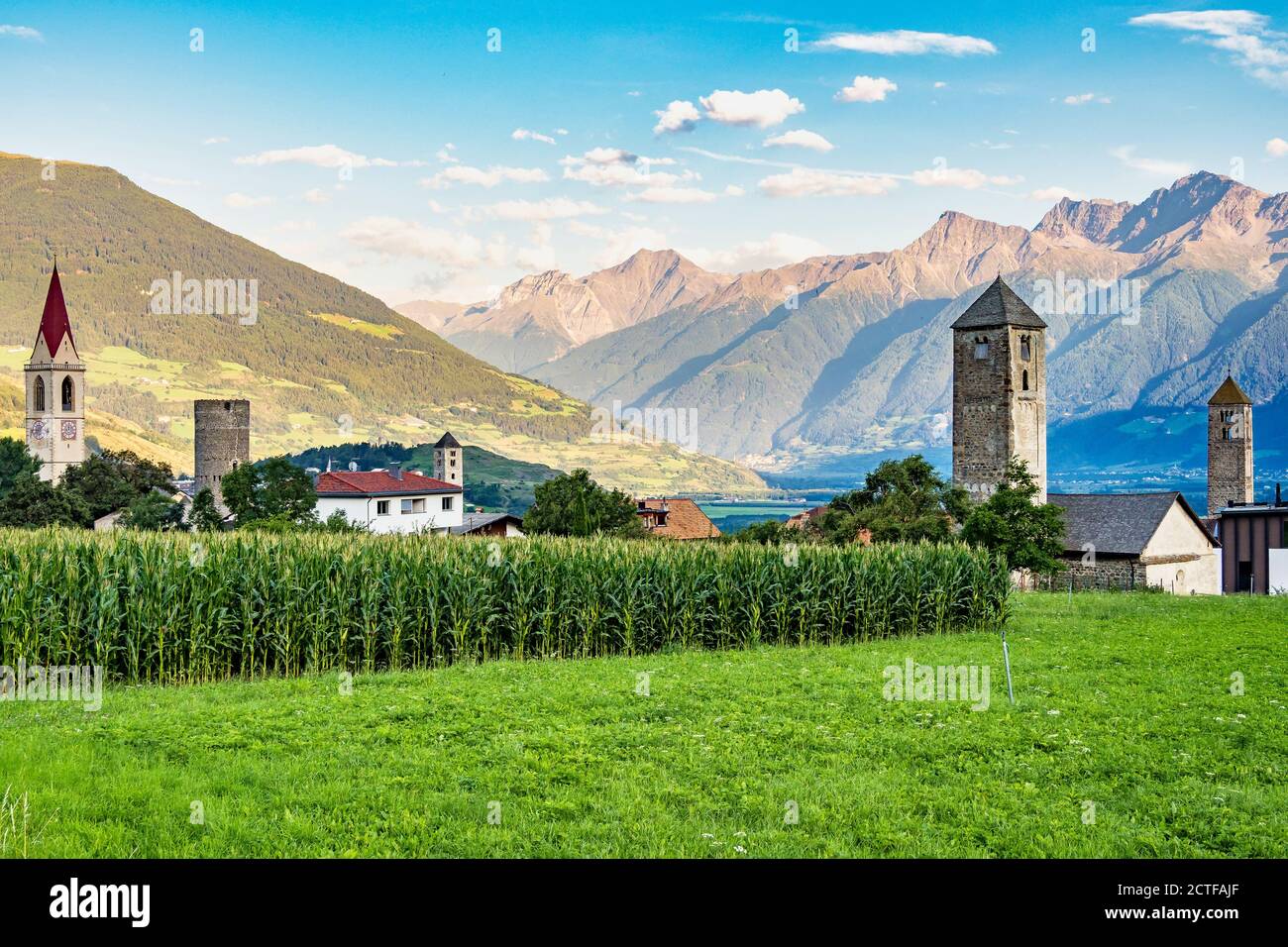 Val Venosta, Vinschgau, Alto Adige, Italy. View over Mals in South Tyrol, Italy near the border to Austria and Switzerland Stock Photo