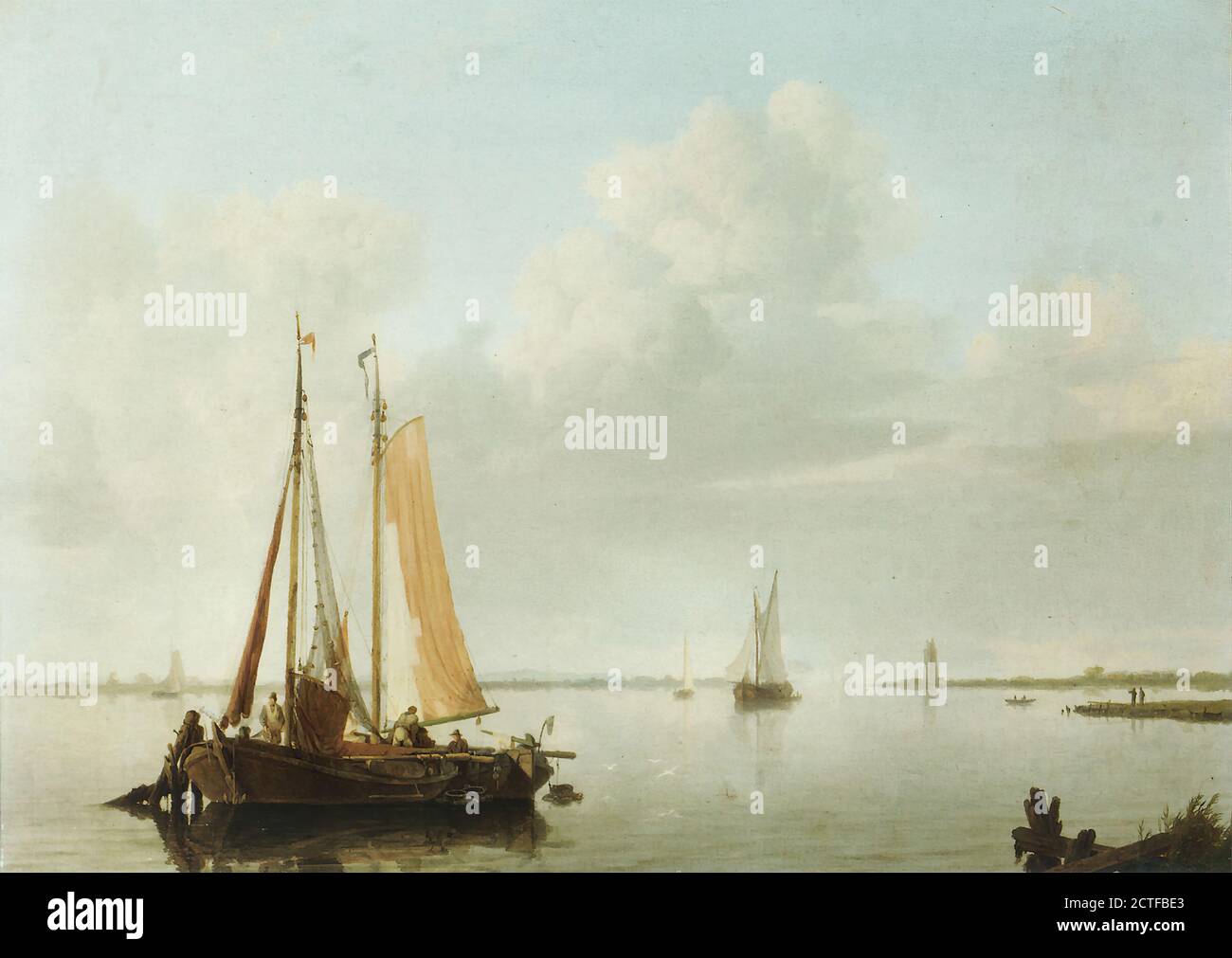 Koekkoek I Hermanus - a Calm - Fishing Vessels at Anchor in a River Estuary - Dutch School - 19th  Century Stock Photo