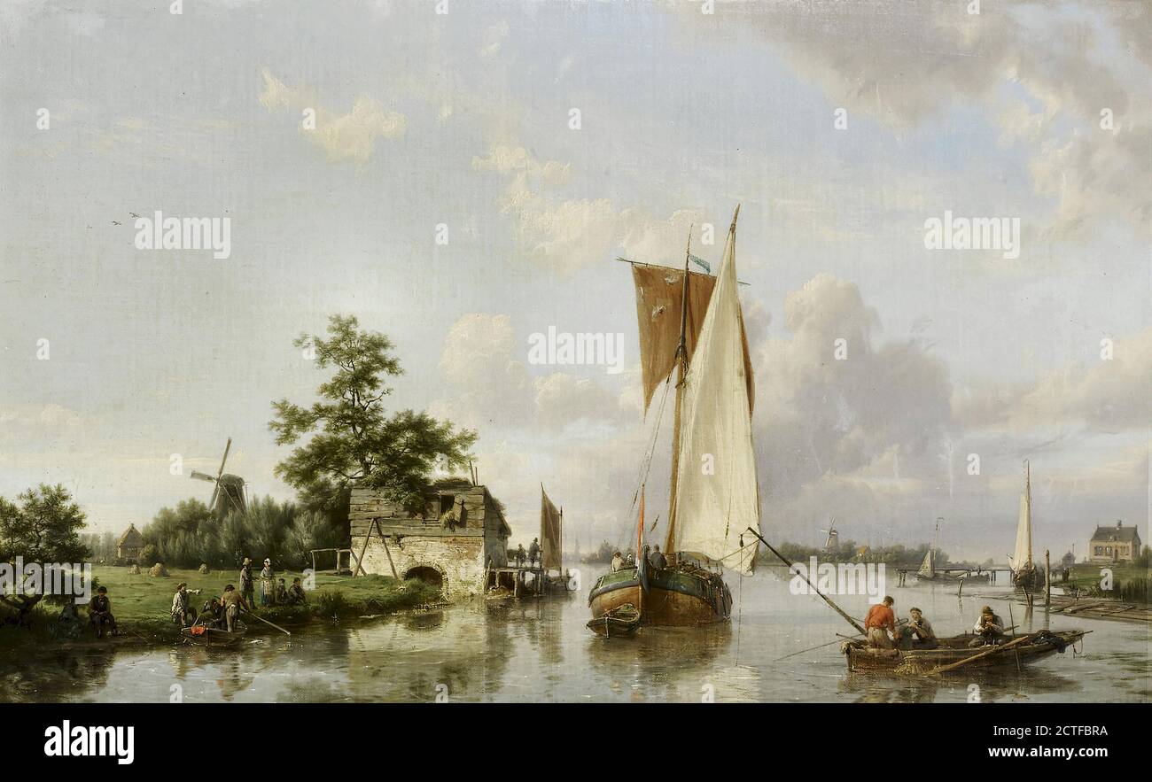 Koekkoek I Hermanus - Dutch River Scene with a Sailing Barge Fishermen and Figures Gathered on the Bank - Dutch School - 19th  Century Stock Photo
